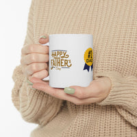 White ceramic mug featuring a #1 Dad ribbon and Happy Father’s Day message, ideal gift for Father’s Day celebrations."