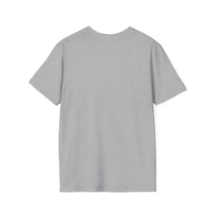 Sport Grey adult T-shirt with a printed image of a dog and the humorous text 'Dumbbells? Belly Rubs?', designed for dog lovers and fitness enthusiasts.  Back view