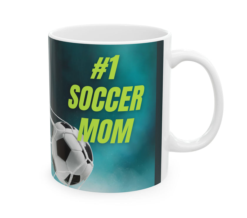 Mug with '#1 Soccer Mom' text and soccer ball design on a teal background