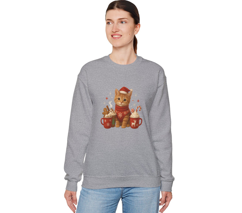 Person wearing a gray sweatshirt with a cat graphic on a white background