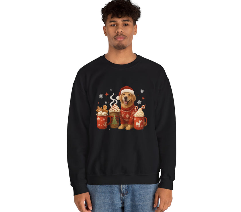 Person wearing a black sweatshirt with a bear graphic and hot chocolate cups on a white background
