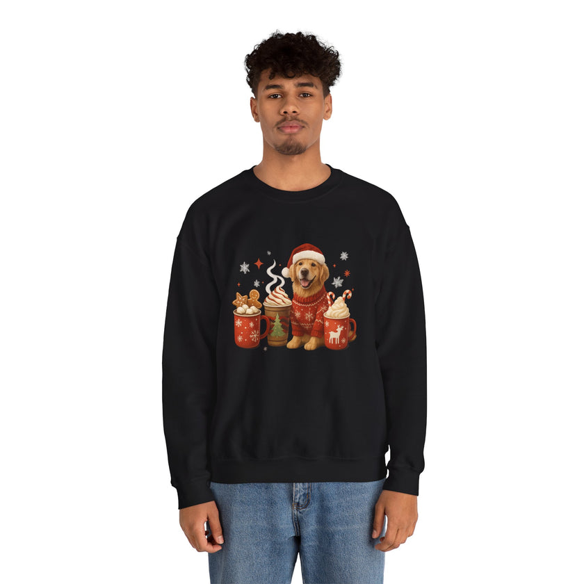 Person wearing a black sweatshirt with a bear graphic and hot chocolate cups on a white background
