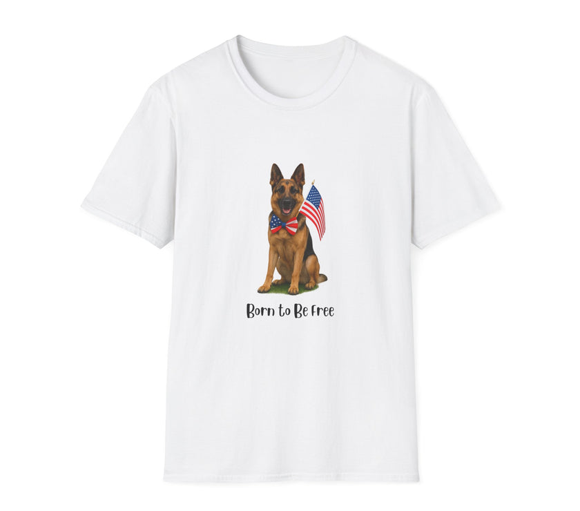White t-shirt featuring a patriotic German Shepherd wearing an American flag bowtie and holding U.S. flags, with the phrase "Born to Be Free" printed below — perfect for dog lovers and patriotic Americans.