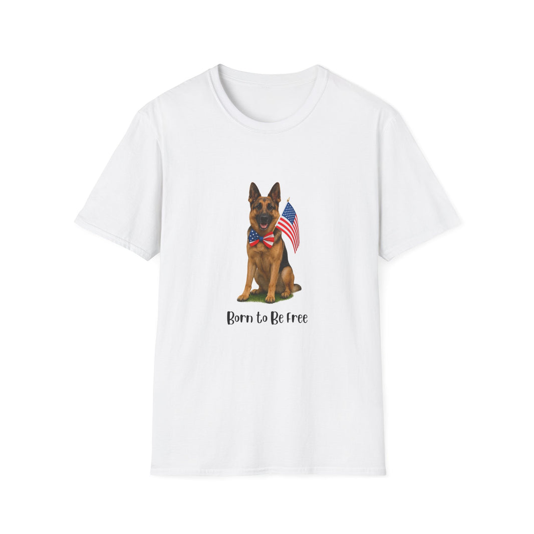 White t-shirt featuring a patriotic German Shepherd wearing an American flag bowtie and holding U.S. flags, with the phrase "Born to Be Free" printed below — perfect for dog lovers and patriotic Americans.