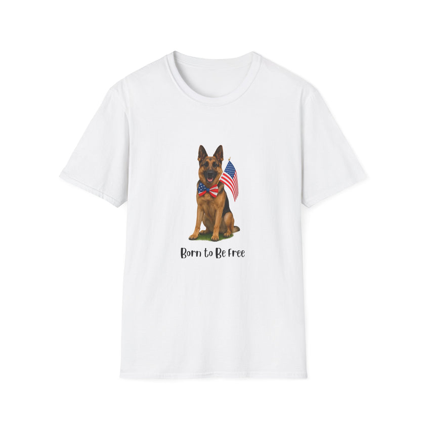 White t-shirt featuring a patriotic German Shepherd wearing an American flag bowtie and holding U.S. flags, with the phrase "Born to Be Free" printed below — perfect for dog lovers and patriotic Americans.
