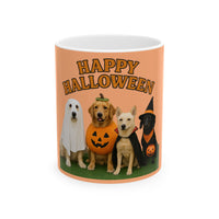 Mug with 'Happy Halloween' text and images of dogs in costumes on a peach background