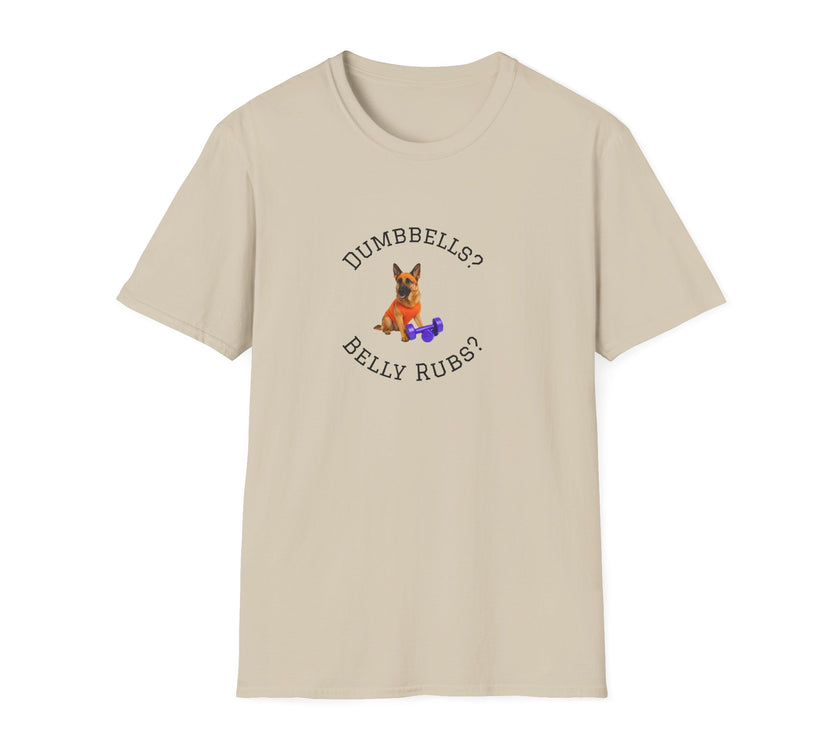 Beige t-shirt with a dog graphic and text on a white background