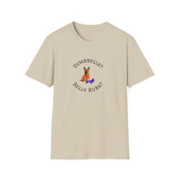 Beige t-shirt with a dog graphic and text on a white background