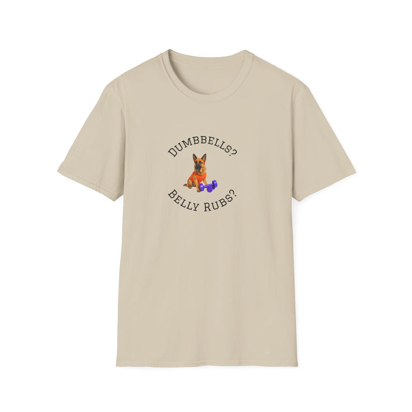 Beige t-shirt with a dog graphic and text on a white background