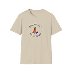 Beige t-shirt with a dog graphic and text on a white background