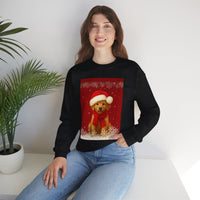 Person wearing a black sweatshirt with a Christmas-themed dog design, sitting in a room with a plant.
