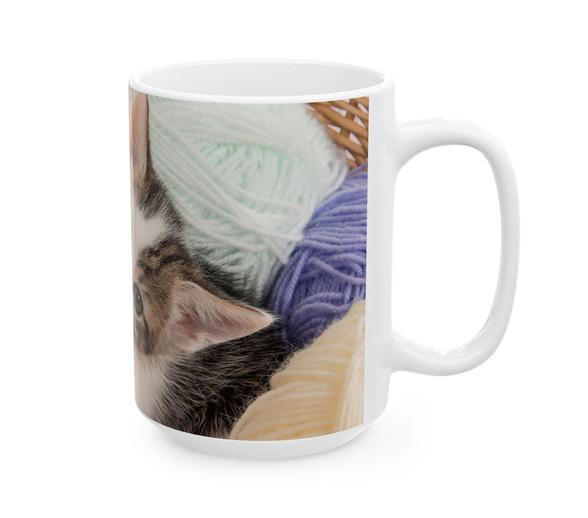 Whiskers & Work Mug –Kitten with Yarn Coffee Cup with message “I work hard so my cat can have a better life.”