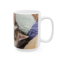 Whiskers & Work Mug –Kitten with Yarn Coffee Cup with message “I work hard so my cat can have a better life.”