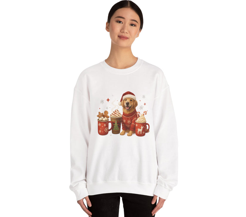 White sweatshirt with a festive dog and hot chocolate graphic worn by a model on a white background