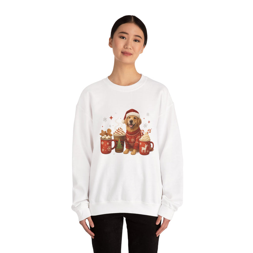 White sweatshirt with a festive dog and hot chocolate graphic worn by a model on a white background