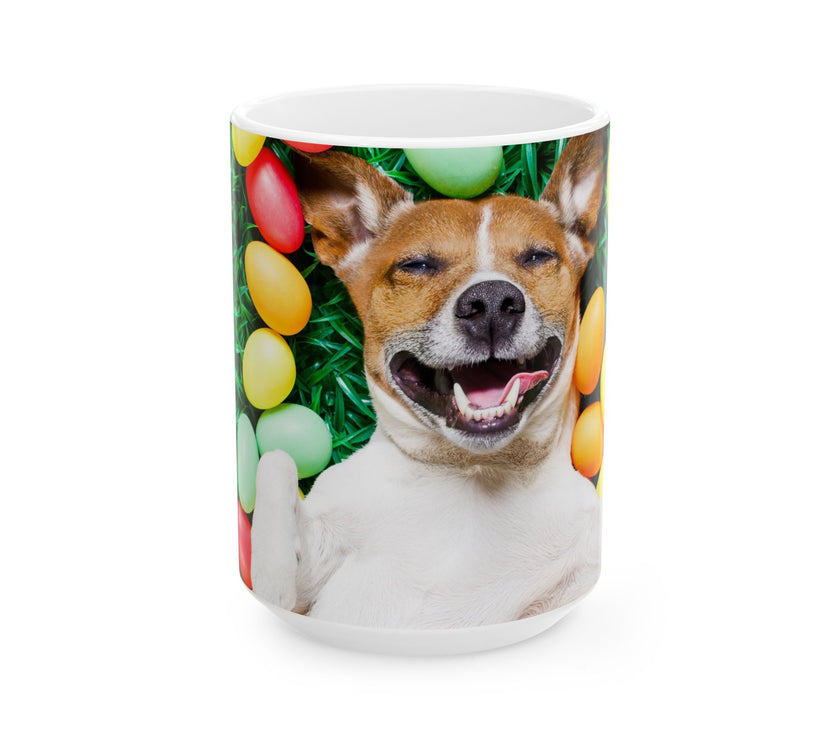 Easter Delight Ceramic Mug- Playful pup with colorful Easter eggs