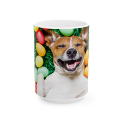 Easter Delight Ceramic Mug- Playful pup with colorful Easter eggs