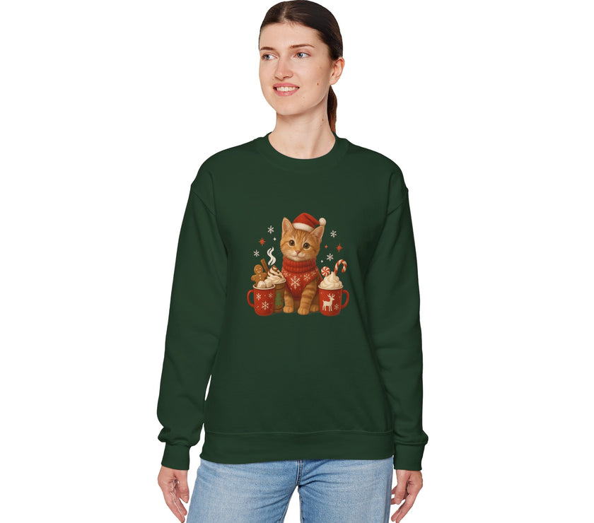 Person wearing a green sweatshirt with a cat design on a white background