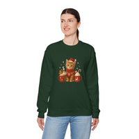 Person wearing a green sweatshirt with a cat design on a white background