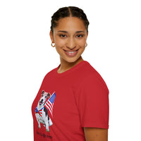 Female wearing T-shirt featuring a cute  puppy wearing an American flag bow tie and holding a small U.S. flag, with the phrase 'Born to Be Free' printed below the image.
