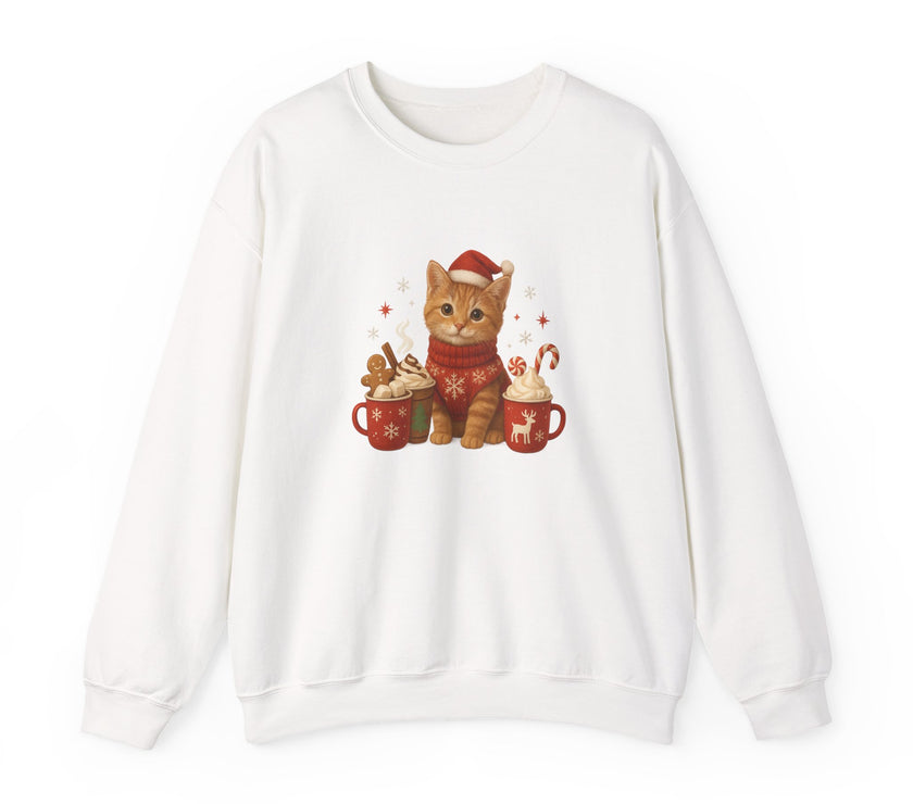 White sweatshirt with a festive cat design on a white background