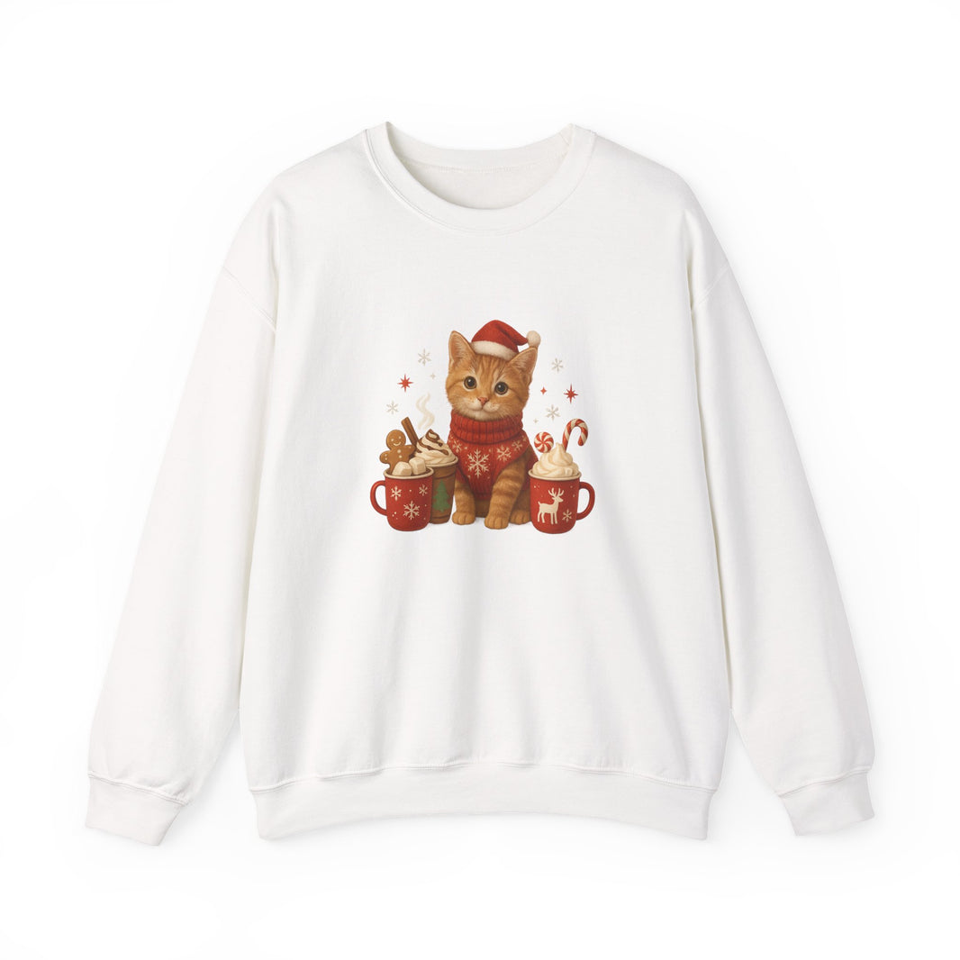 White sweatshirt with a festive cat design on a white background