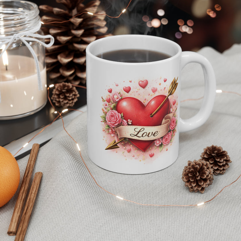 White mug with heart and 'Love' design on a table with decorative items