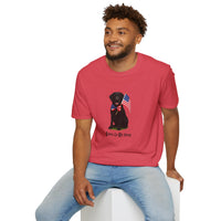 Heather Red  t-shirt featuring a patriotic Black Lab wearing an American flag bowtie and holding U.S. flags, with the Black Lab phrase "Born to Be Free" printed below — perfect for dog lovers and patriotic Americans.