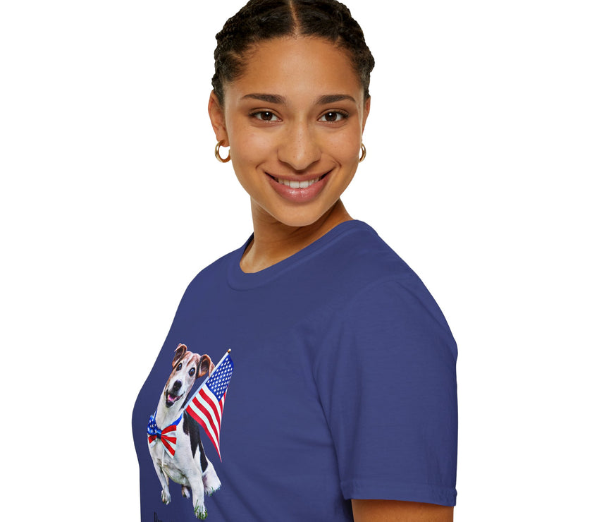 Female wearing T-shirt featuring a cute  puppy wearing an American flag bow tie and holding a small U.S. flag, with the phrase 'Born to Be Free' printed below the image.