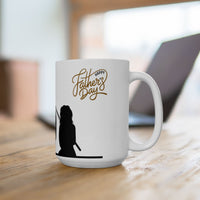 White ceramic mug featuring a silhouette of a child holding a fishing rod next to an adult figure, with the words "Happy Father's Day" in gold script above—an ideal gift for dads who love fishing and family time.