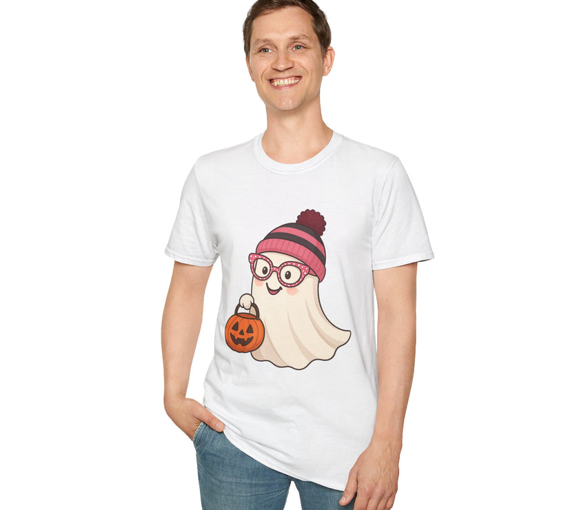 Person wearing a white t-shirt with a ghost character holding a pumpkin design on a white background