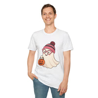 Person wearing a white t-shirt with a ghost character holding a pumpkin design on a white background