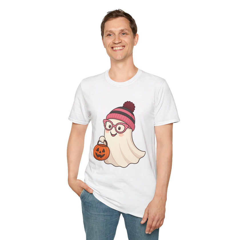 Person wearing a white t-shirt with a ghost character holding a pumpkin design on a white background