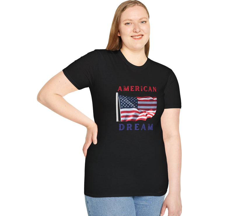 Female wearing T-shirt featuring an American flag graphic with the words 'AMERICAN DREAM' in red and blue text above and below the flag