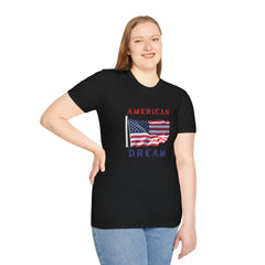 Female wearing T-shirt featuring an American flag graphic with the words 'AMERICAN DREAM' in red and blue text above and below the flag