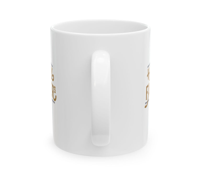White ceramic mug featuring a #1 Dad ribbon and Happy Father’s Day message, ideal gift for Father’s Day celebrations."