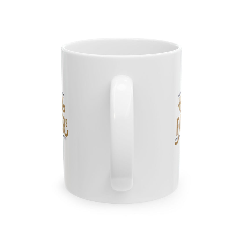 White ceramic mug featuring a #1 Dad ribbon and Happy Father’s Day message, ideal gift for Father’s Day celebrations."