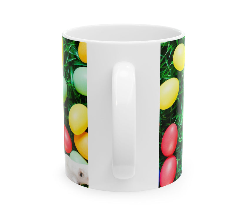 Easter Delight Ceramic Mug- Playful pup with colorful Easter eggs