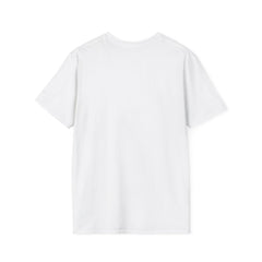 White adult T-shirt with a printed image of a dog and the humorous text 'Dumbbells? Belly Rubs?', designed for dog lovers and fitness enthusiasts.  Back view