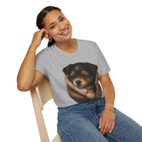 Person wearing a gray t-shirt with a dog graphic on a white background
