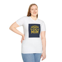 Woman wearing a white t-shirt with 'Soccer Mum' print on a white background
