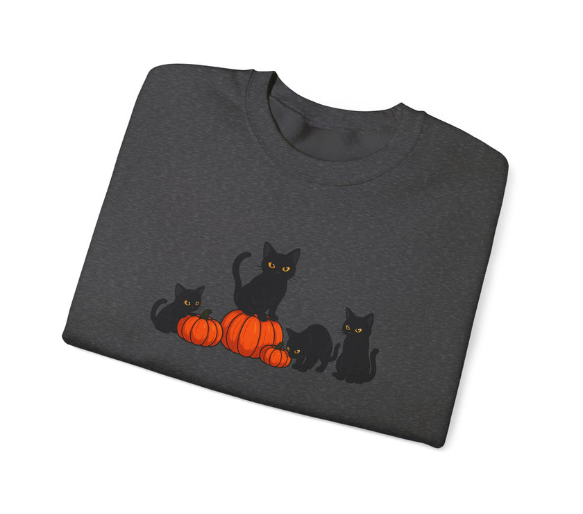 Folded dark gray sweatshirt with black cats and orange pumpkins design on a white background