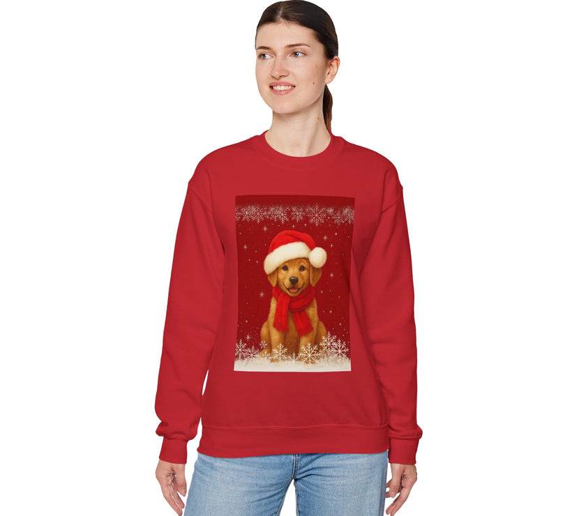 Person wearing a red sweatshirt with a Christmas-themed dog design on a white background