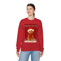 Person wearing a red sweatshirt with a Christmas-themed dog design on a white background