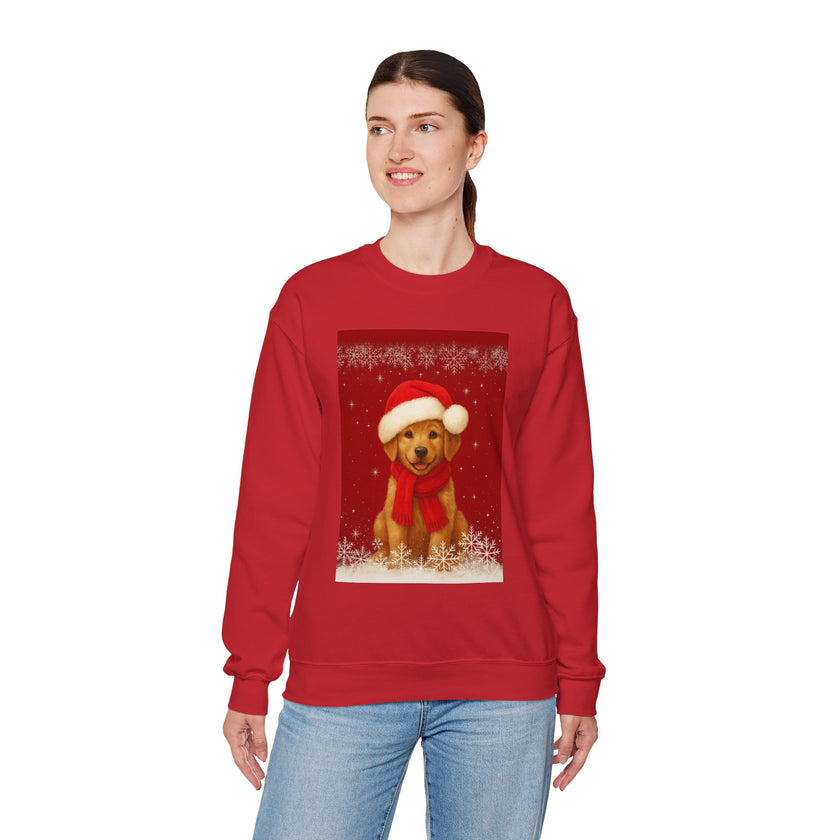 Person wearing a red sweatshirt with a Christmas-themed dog design on a white background