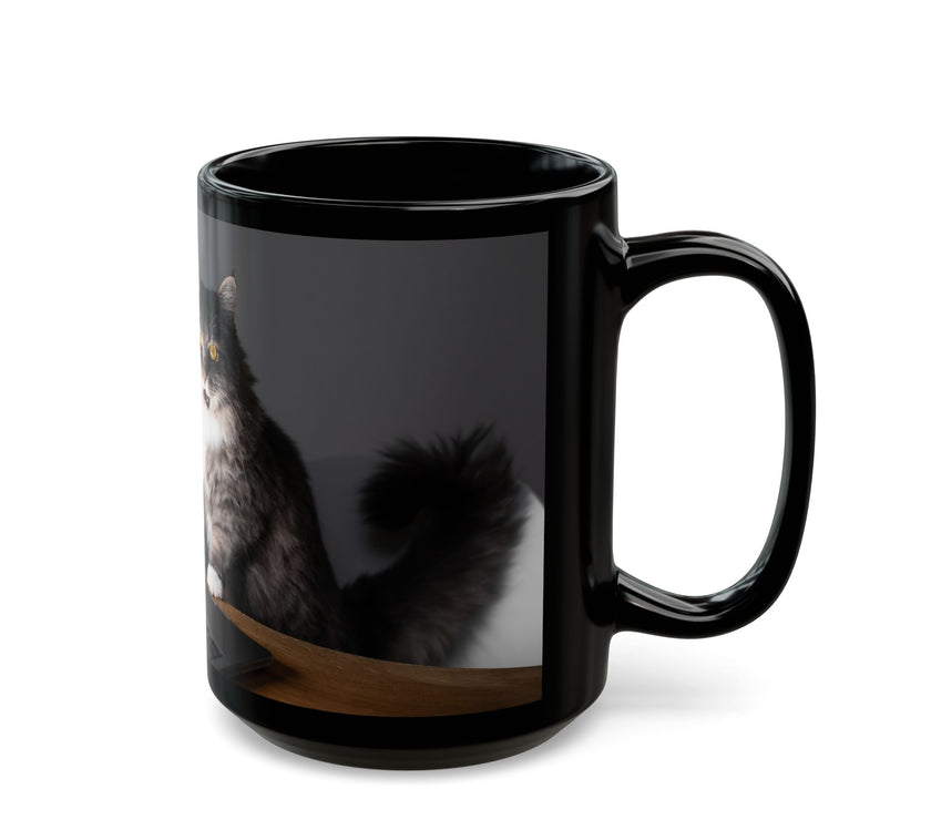 Black ceramic mug featuring a cartoon-style image of a cat sitting at a computer with the funny quote “I work hard so my cat can have a better life.”