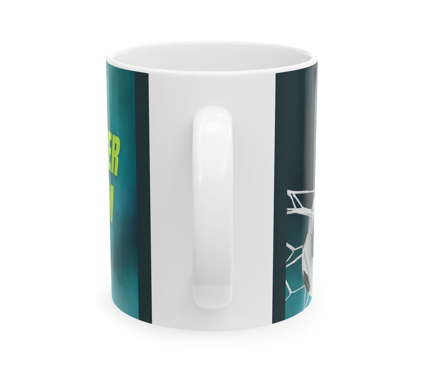 Mug with '#1 Soccer Mom' text and soccer ball design on a teal background