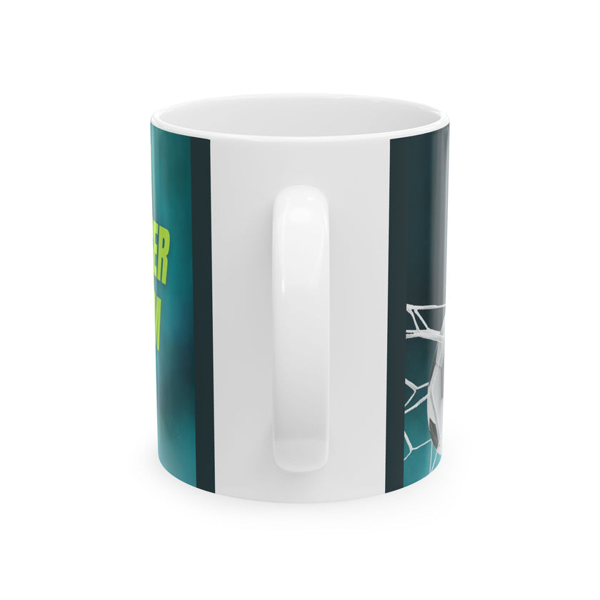 Mug with '#1 Soccer Mom' text and soccer ball design on a teal background