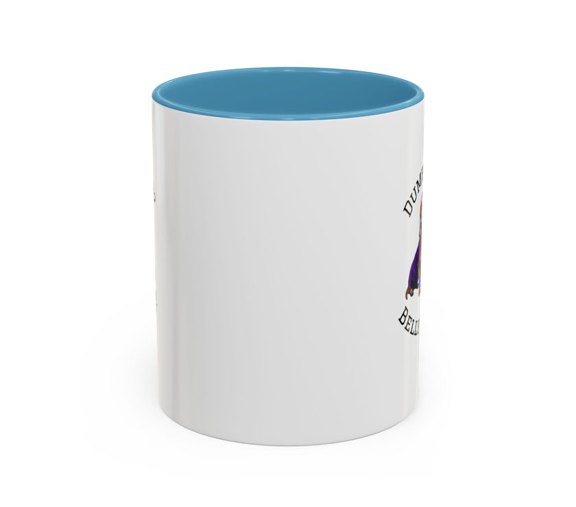 Two tone ceramic mug featuring a dachshund next to dumbbells and the humorous text 'Dumbbells? Belly Rubs?', designed for dog lovers and fitness enthusiasts.