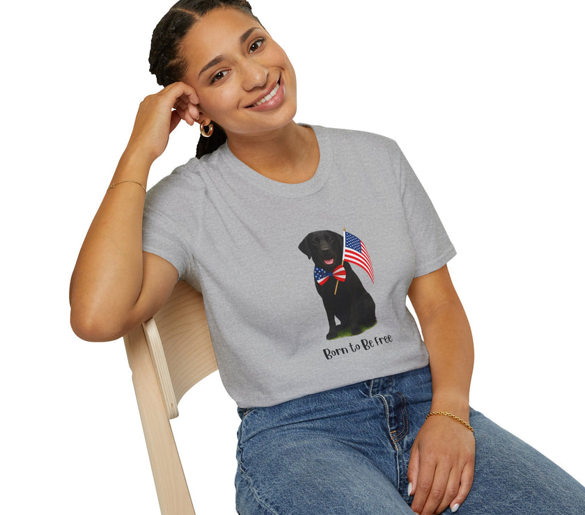 Sport Grrey t-shirt featuring a patriotic Black Lab wearing an American flag bowtie and holding U.S. flags, with the Black Lab phrase "Born to Be Free" printed below — perfect for dog lovers and patriotic Americans.